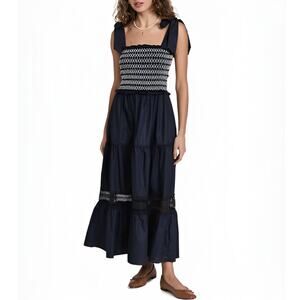 En Saison Shay Tie Shoulder Smocked Tiered Midi Dress Navy Size Medium